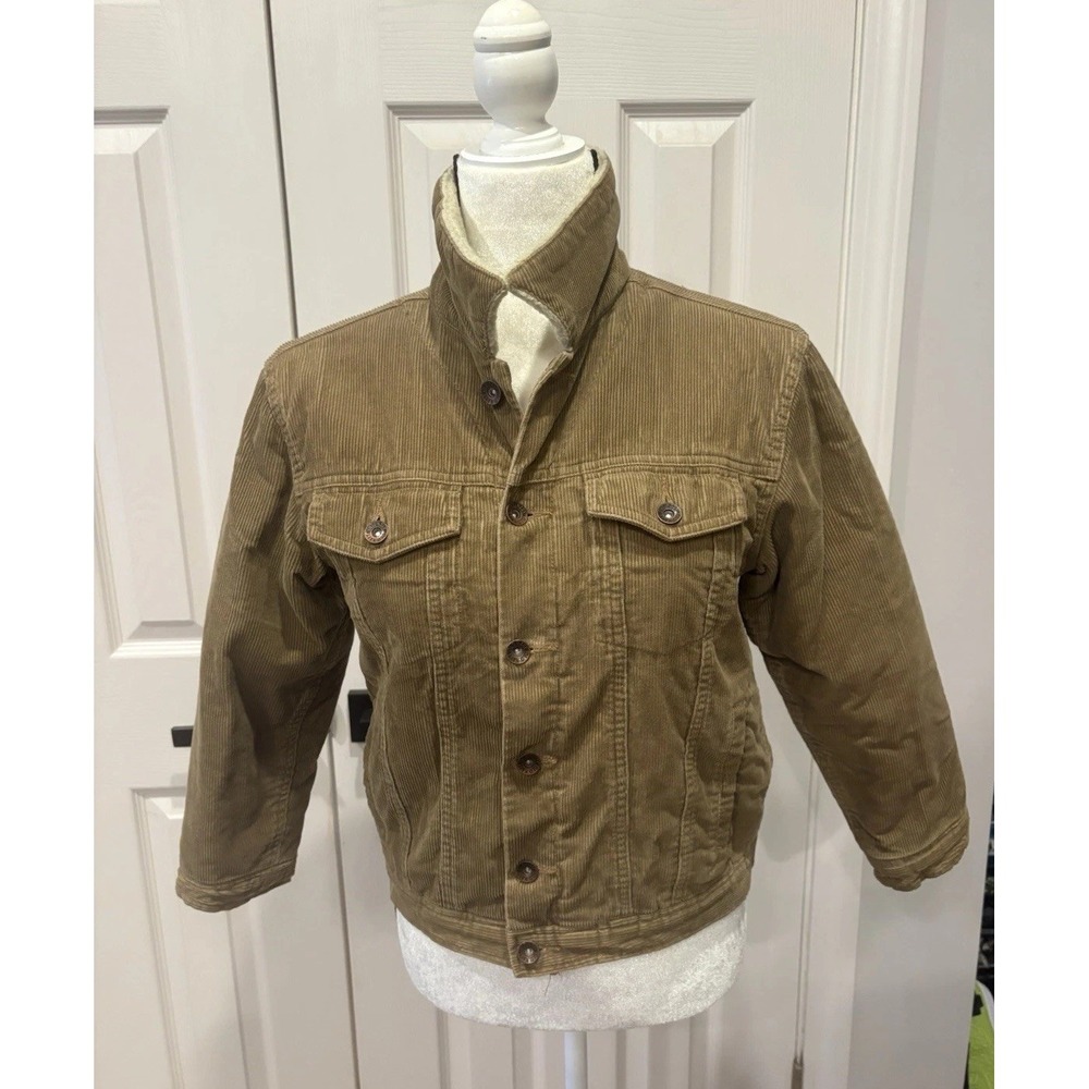 Corduroy Cropped Tan Sherpa Lined Jacket Size Medium Button Up Old Navy EUC